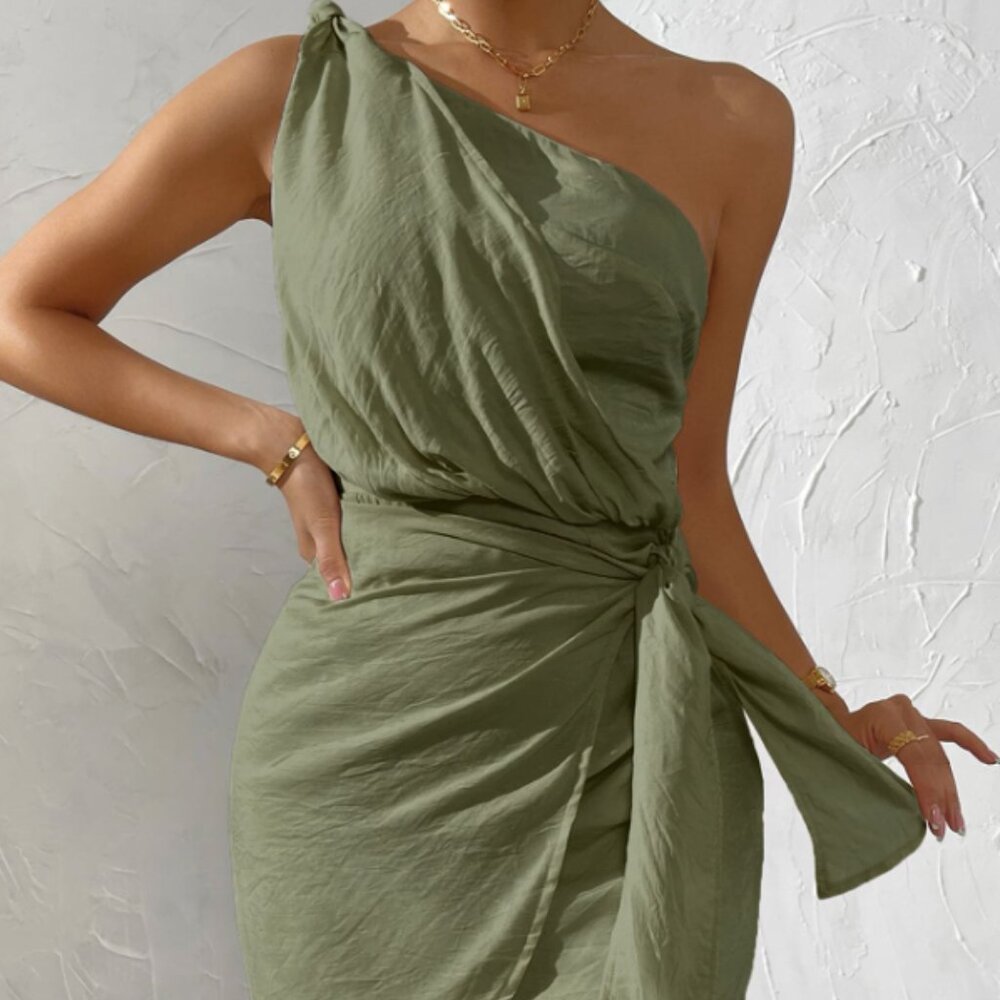 One Shoulder Knot Side Wrap Dress in Army Green Size 12 (XL)
